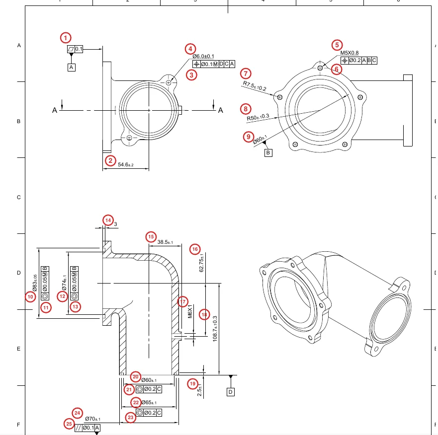 Ballooned engineering drawing with uniquely numbered characteristics, the basis for AS9102 Form 3 characteristic accountability