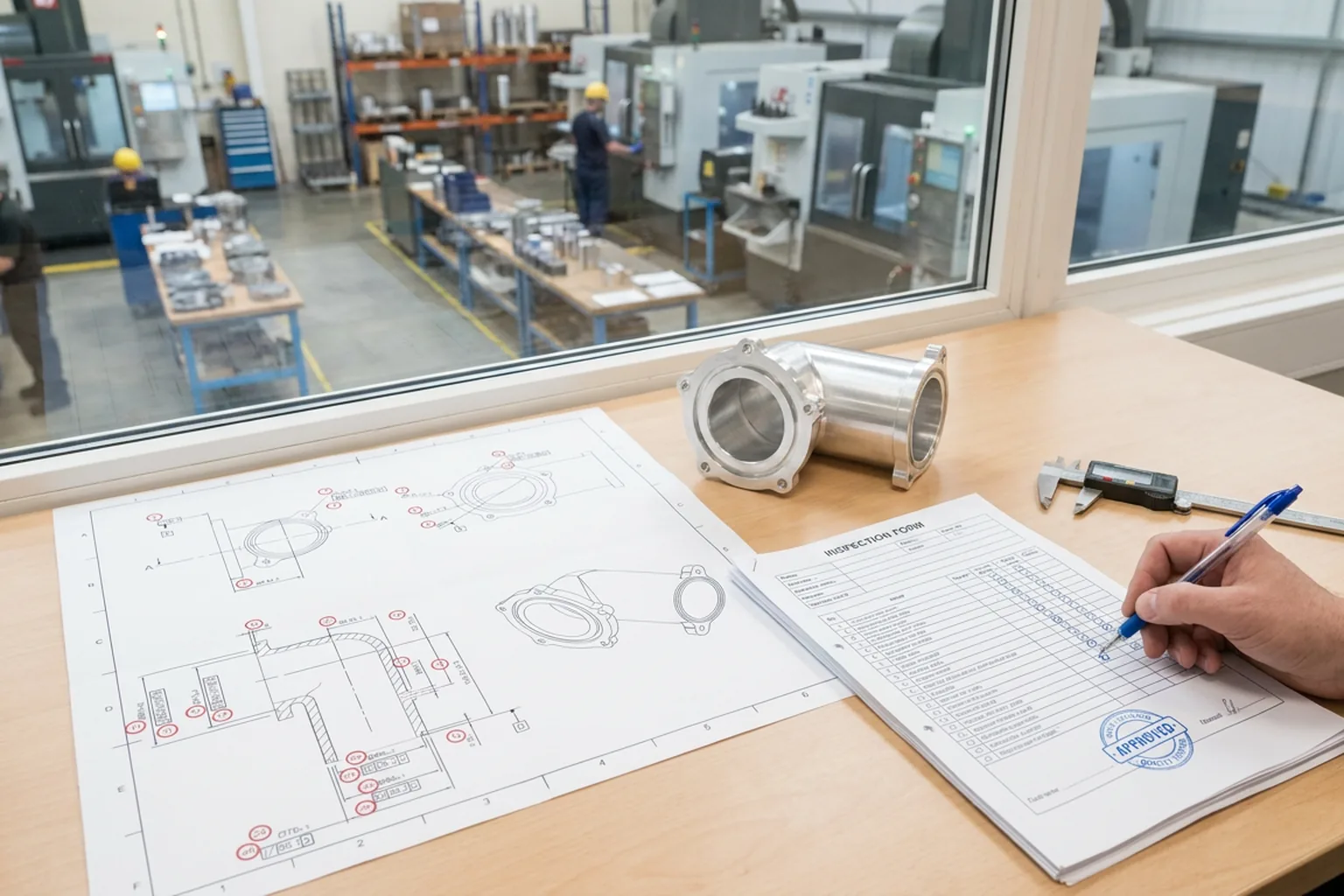 AS9102 first article inspection: ballooned engineering drawing, machined aerospace part and printed FAI forms on an inspection desk