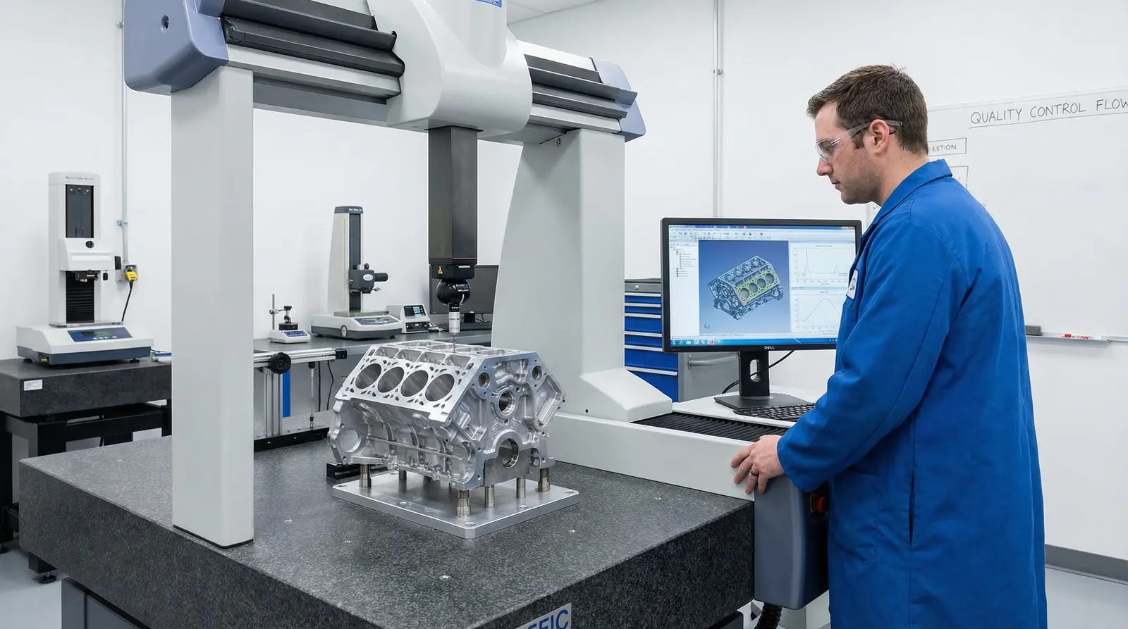 CMM probe measuring a machined part on a granite surface plate