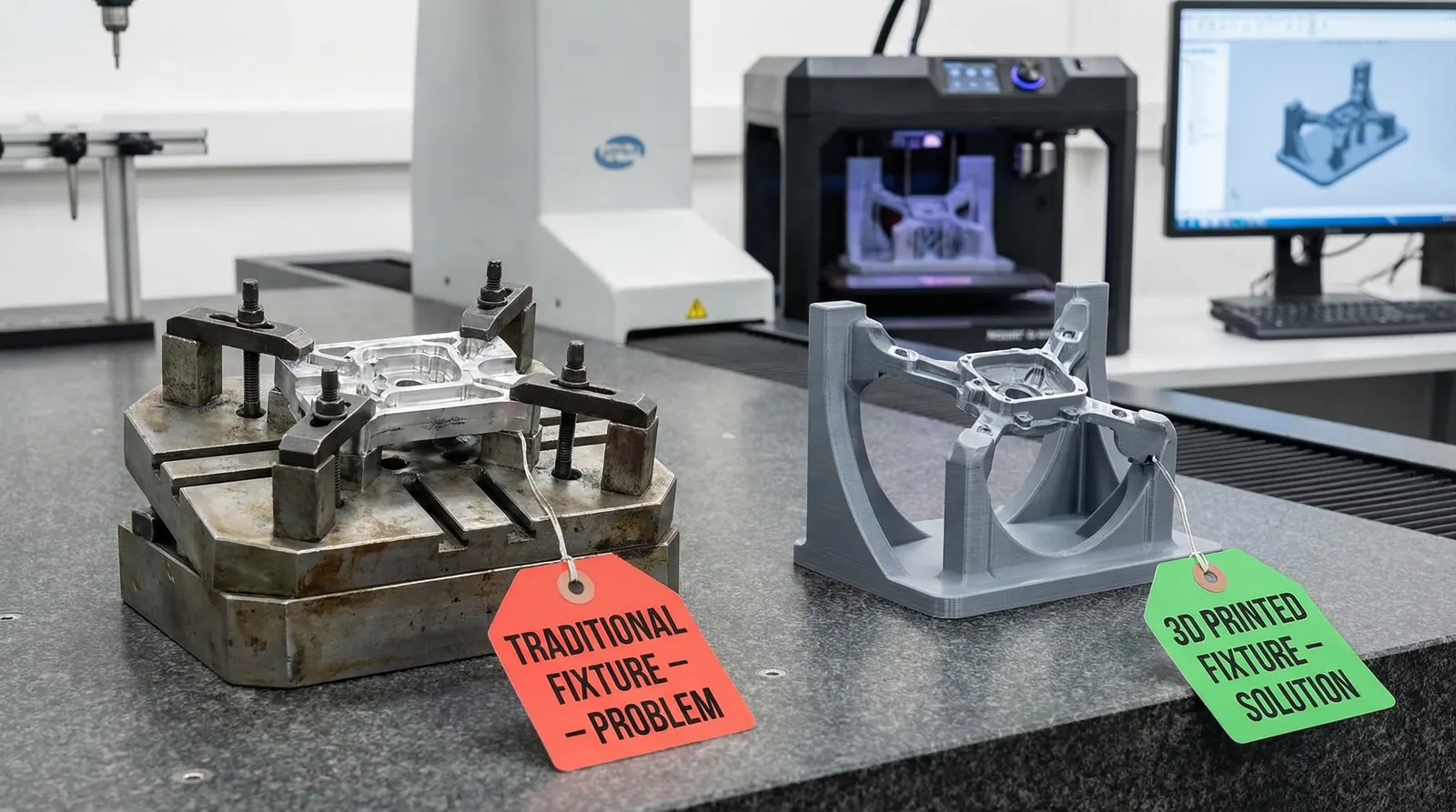 3D-printed conformal nest holding a cast part on a CMM granite table