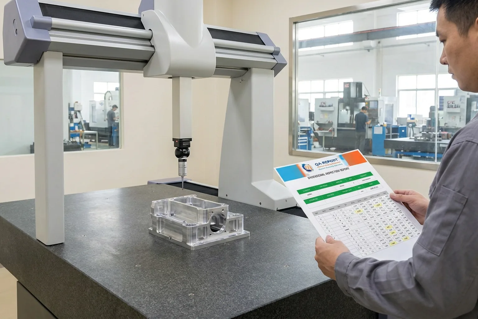 CMM inspection report printout reviewed by a quality inspector next to a coordinate measuring machine