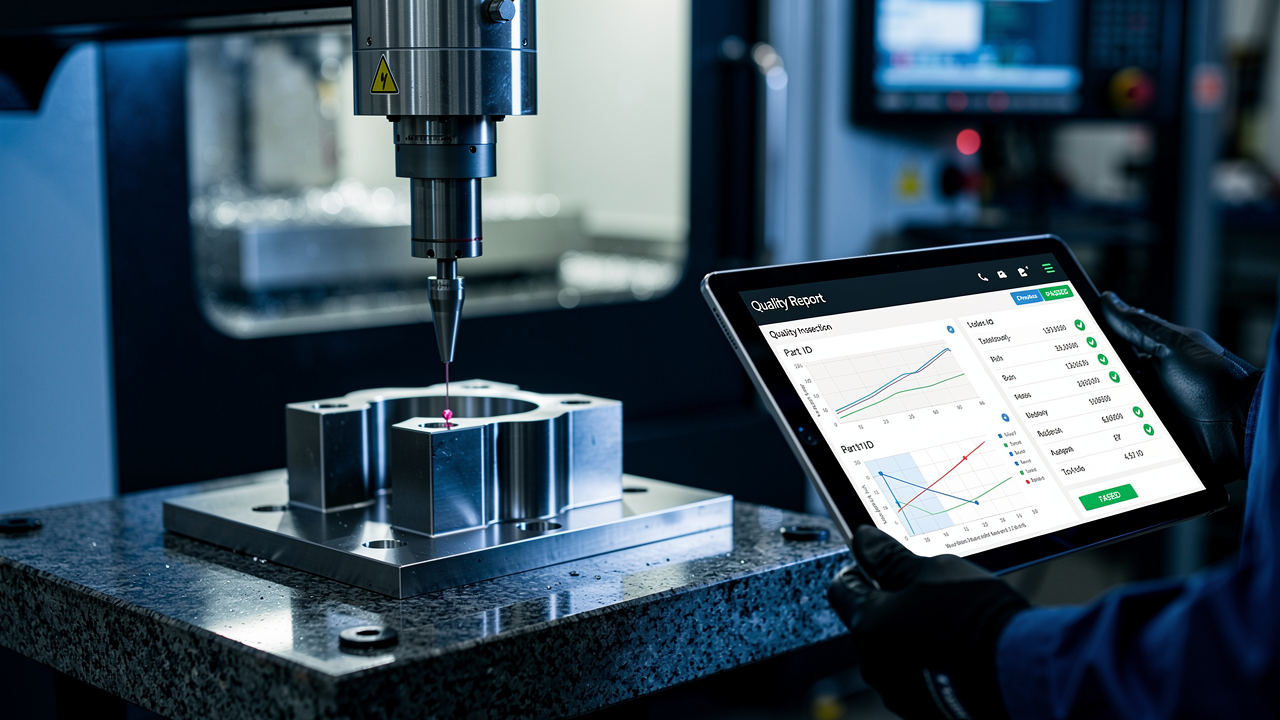 CNC machining center with digital quality inspection report on tablet