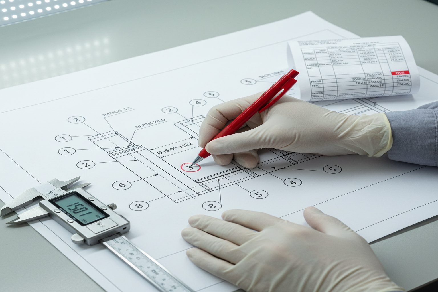 Quality inspector marking balloon annotations on an engineering drawing with digital caliper and inspection report on workbench
