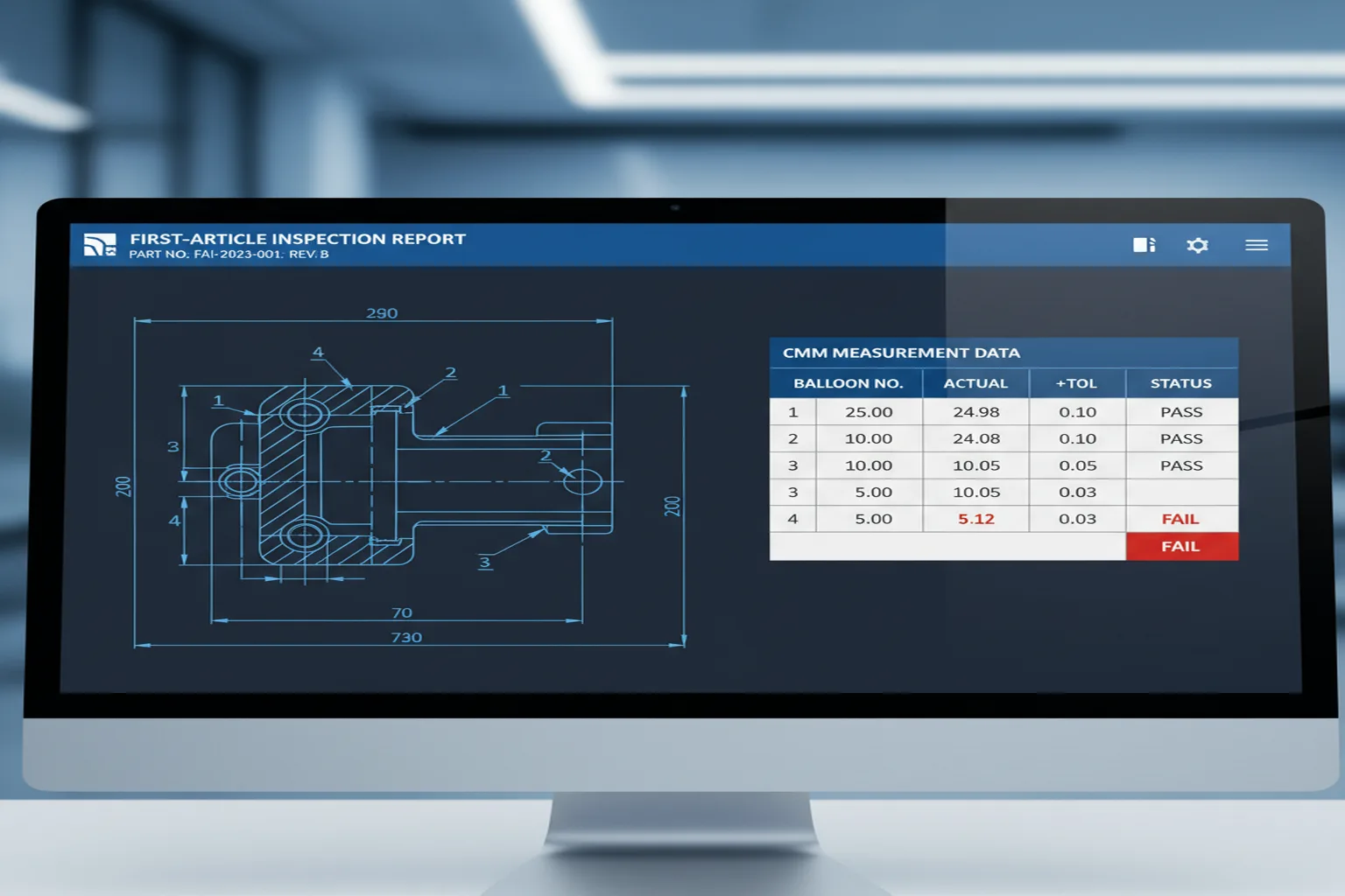 Inspection report screen showing a ballooned engineering drawing next to imported CMM measured values mapped to balloon numbers, with out-of-tolerance results in red