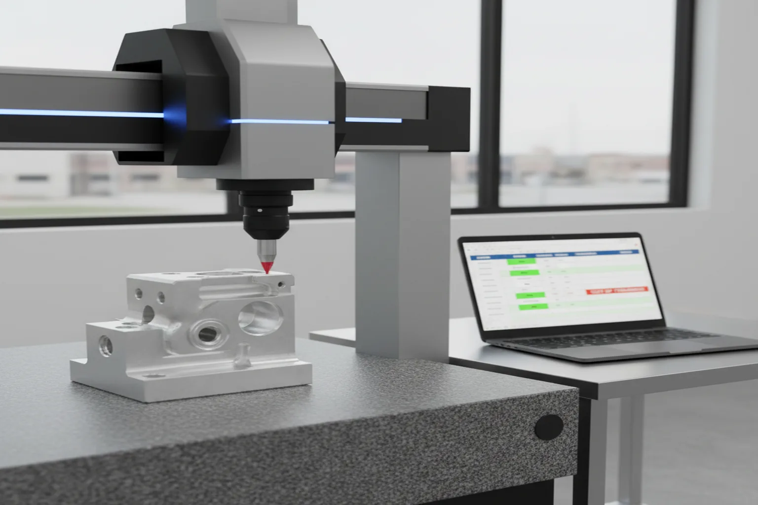 CMM probe measuring a machined metal part beside a screen showing a dimensional inspection report with out-of-tolerance values highlighted