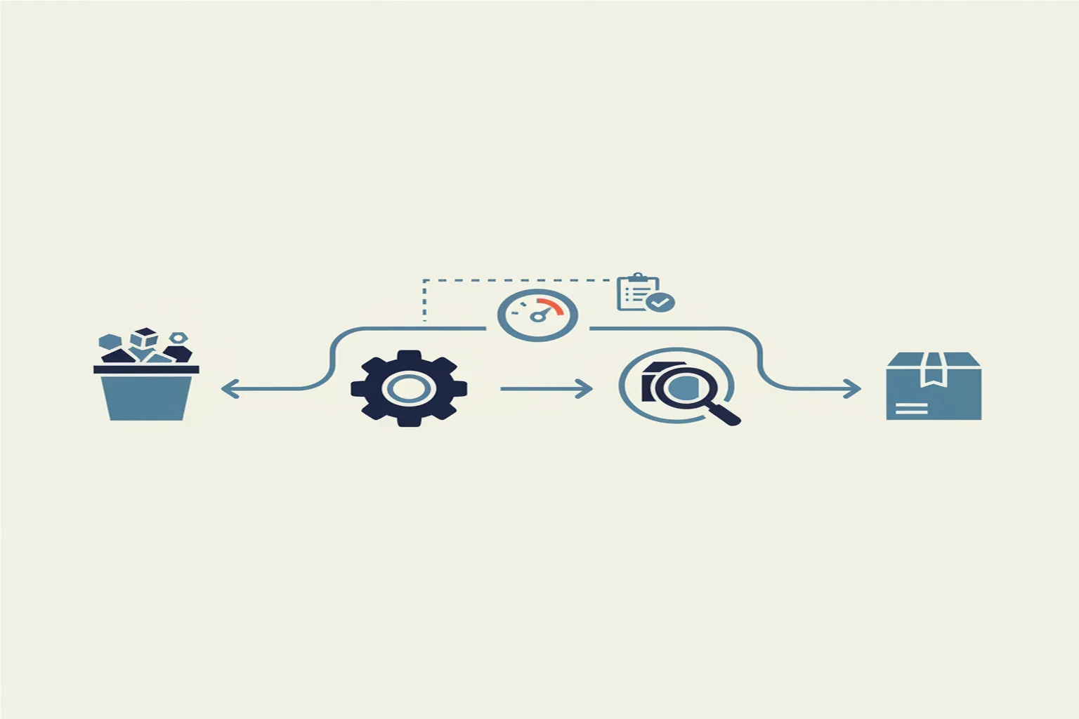 Manufacturing flow diagram: material to machining to inspection to shipping, tracked by batch tracking software