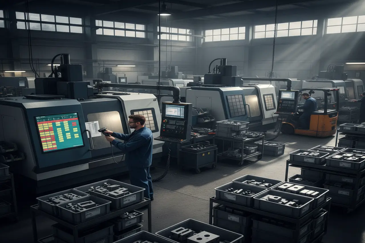 MES for machine shops: operator scanning a route card barcode on the shop floor with a production kanban board