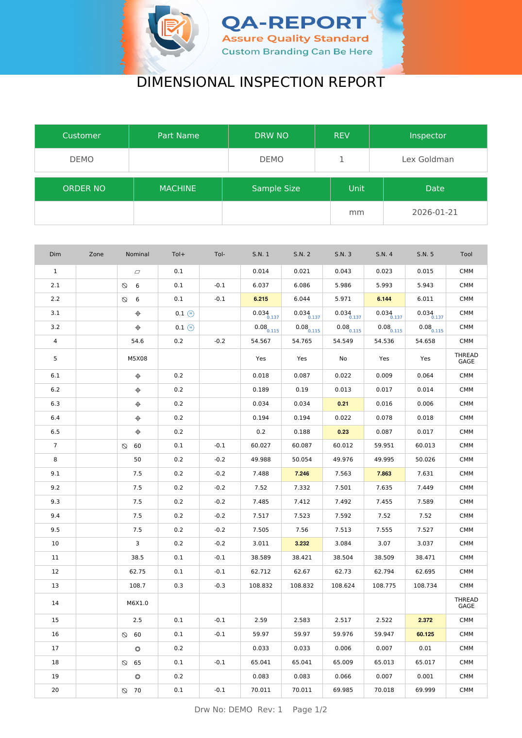 Full first page of a CMM dimensional inspection report generated by QA-Report, with the title block, customer details and a complete dimension table showing nominal, tolerance and measured values per serial number